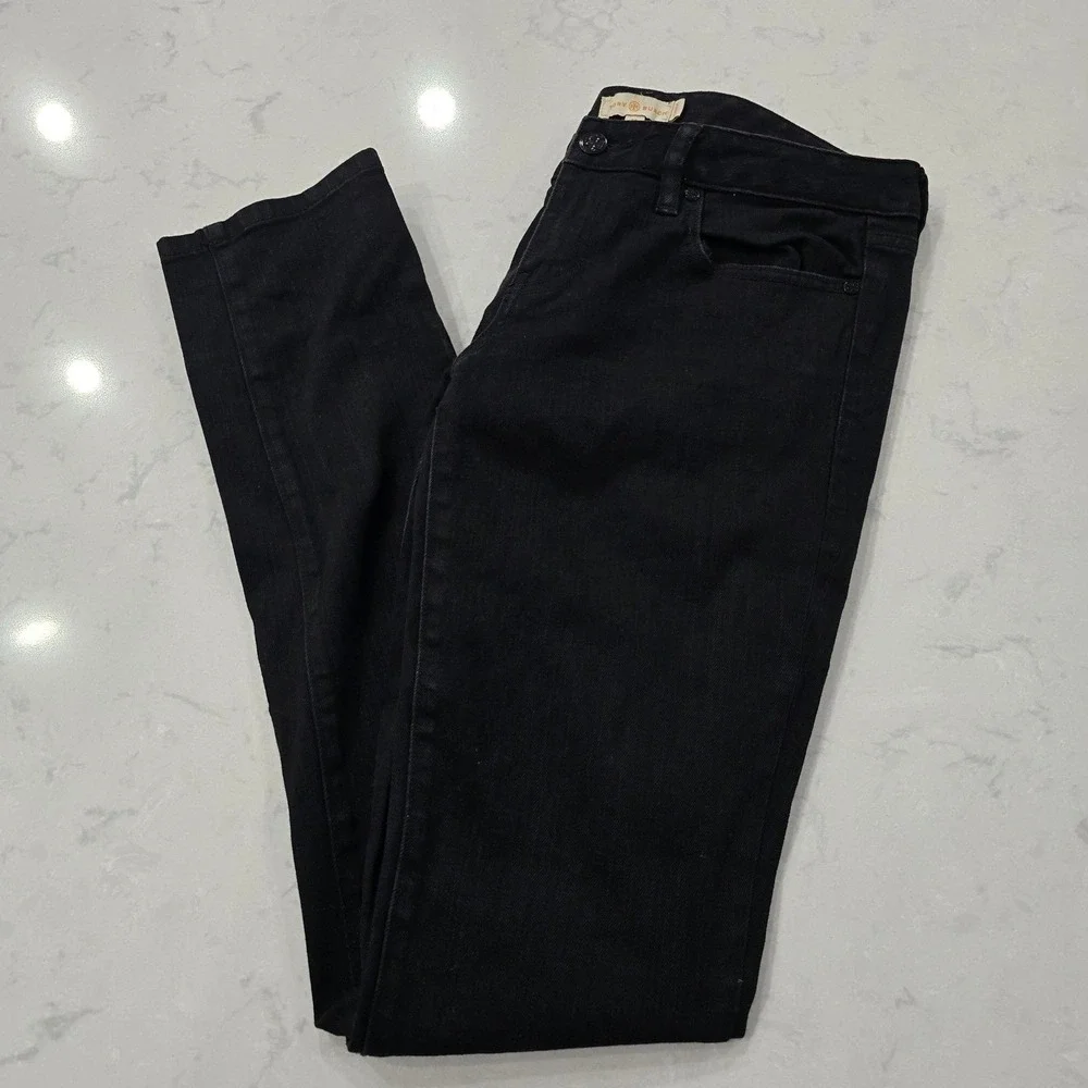 Tory Burch Super Skinny Jeans Black Denim Logo Hardware Womens Size 29